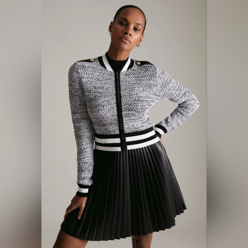 NWOT Karen Millen Black White Tweed Knit Bomber Jacket Zip Sz M